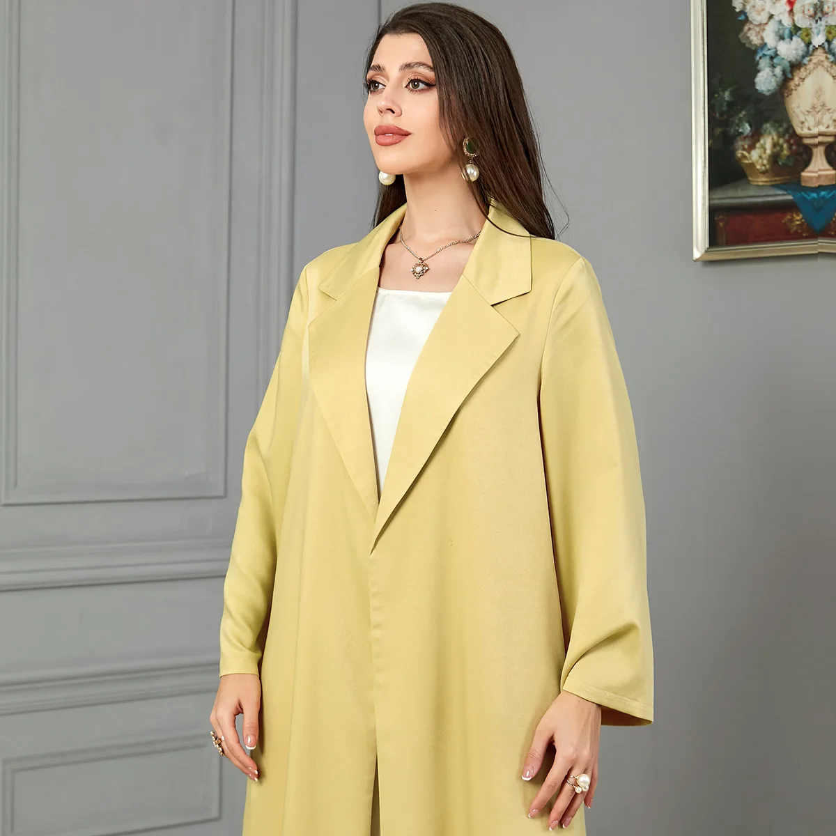 

Arab Outerwear Long Coat Muslim 2023 Autumn/Inter Yellow Polo Collar Coat Women's Fashion Long Sleeve Outer Coat Dubai Arab