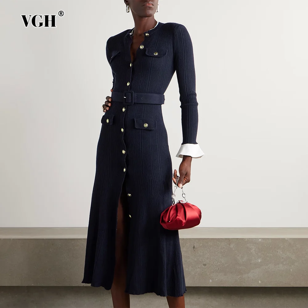 

VGH Hit Color Office Bodycon Dress for Women O Neck Flare Sleeve High Waist Pachwork Buttons Knitting Chic Dresses Female Autumn