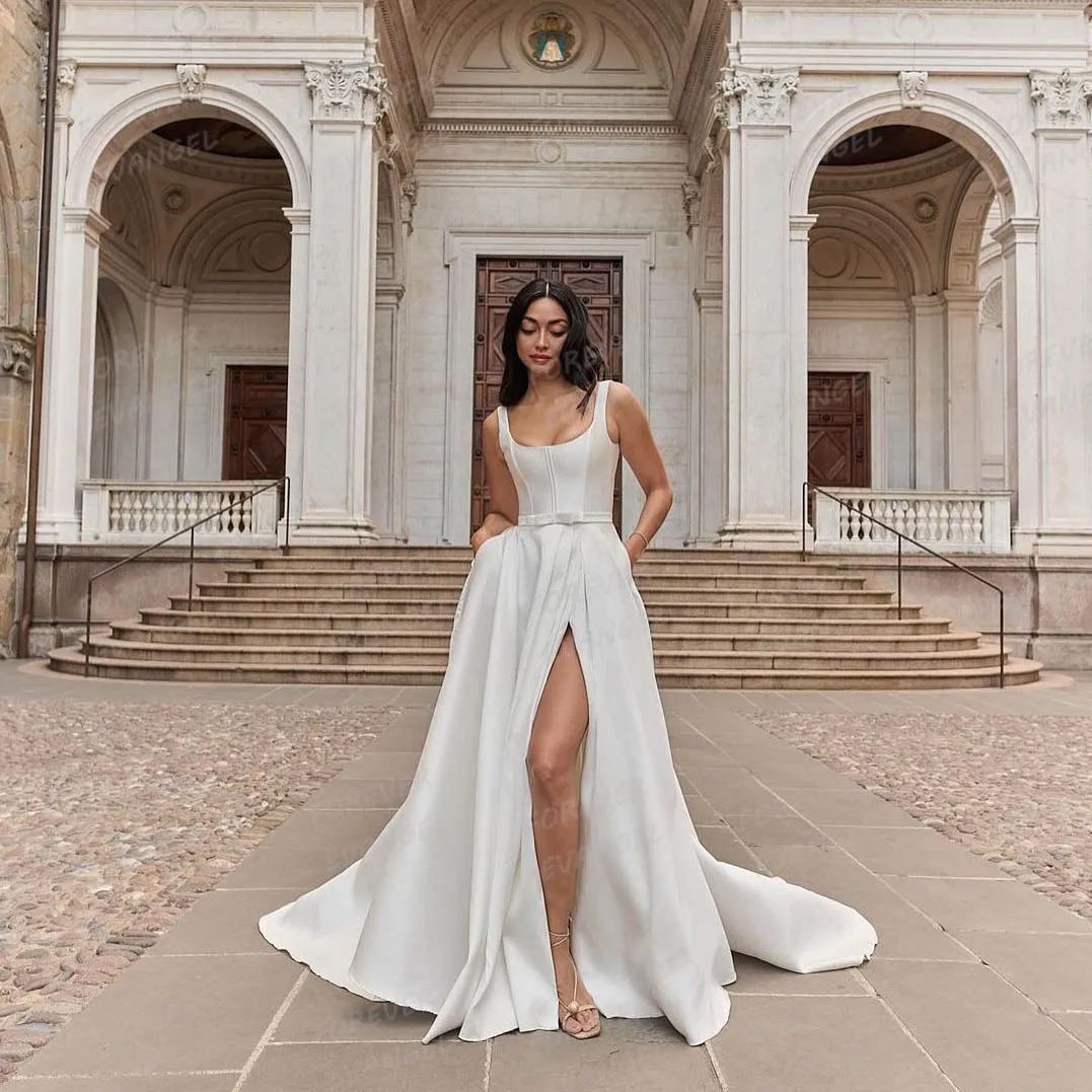 Simple Satin Wedding Dresses A Line Woman's Boat Neck Sexy Backless Side Split Bride Gowns 2026 Vestidos De Noche Customized