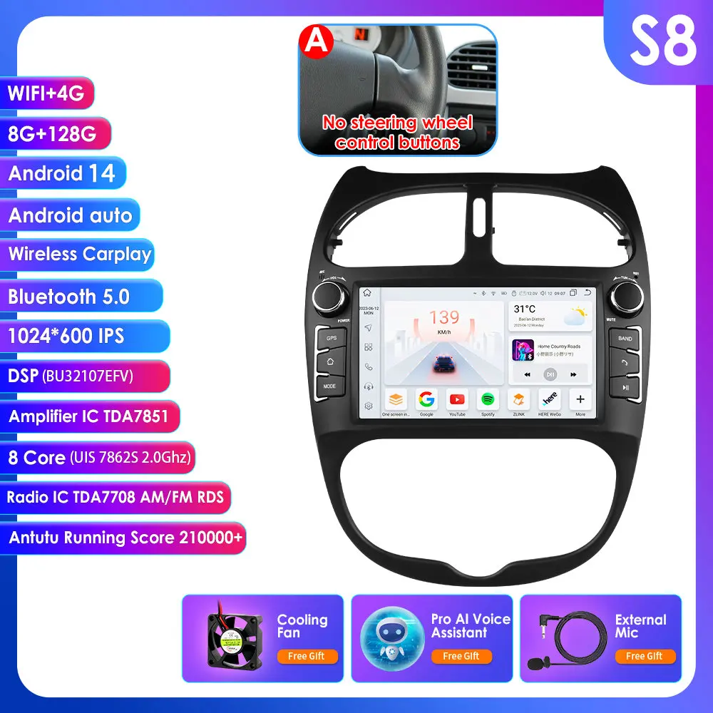 Voor Peugeot 206 2001-2008 Autoradio Multimedia Video Player Navigatie GPS 4G Carplay Android 14 AutoRadio stereo 7 ''Hoofd Unit