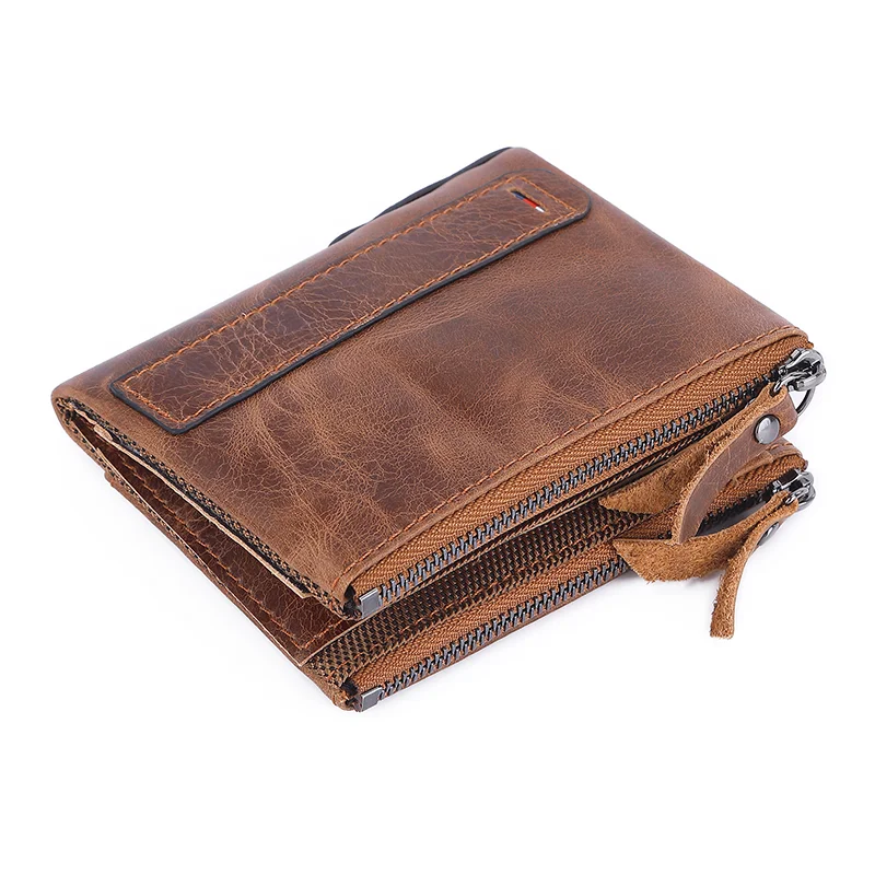 Cartera clásica para hombre, tarjetero corto de cuero de vaca auténtico, monedero de cuero para hombre, cartera masculina de diseñador de alta calidad con bolsillo con cremallera