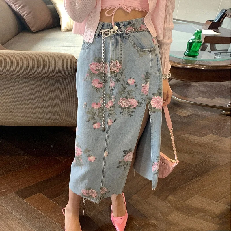 Elegant Floral Print Denim Skirt Women 2023 New Spring Summer Long Jeans Skirt High Waist Sexy Side Split Vintage Party Skirts