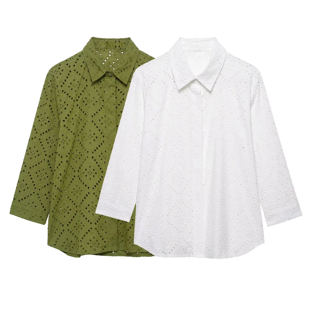 

UNIZERA women's hollowed out embroidered shirt with lapel and buckle decoration for spring and summer new women's clothing