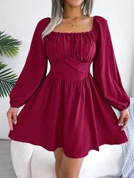 2026 Autumn Solid Color Long Sleeve Mini Dress Square Neck High Waist Big Swing Pleated Dresses Red Blue White Woman Clothing