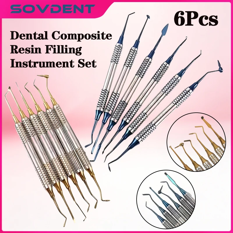6Pcs/Kit Orthodontic Composite Resin Filling Scrapers Double-Ended Titanium-Coated Filling and Restoration Dental Accessories