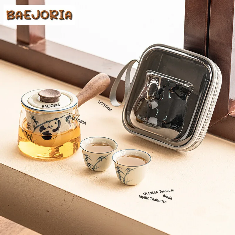 BAEJORIA Handpainted Panda Bamboo Travel Tea Set Household Glass Side Handled Teapot Set Zen 1 Pot 2 Cups Tea Maker Portable Cha