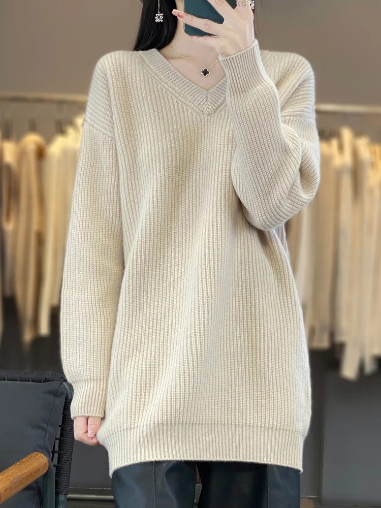 

Classic Autumn Winter Women Sweater 100% Merino Wool Female Knitted Pullover V-Neck Loose Long Striped Cashmere Clothing Tops