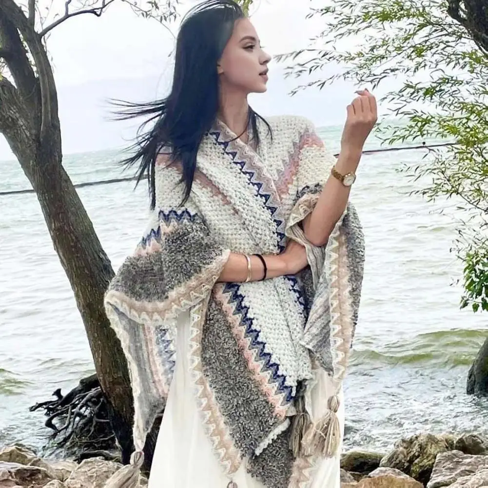 Vrouwen sjaal etnische stijl patchwork kleur mantel met koelkast decor dames breien sjaal voor cocktailjurk accessoire draperen