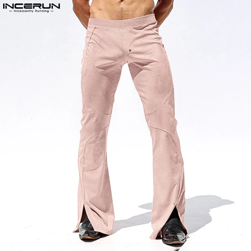 

INCERUN 2024 American Style Trousers Fashion New Men's Suede Split Pants Streetwear Male Solid All-match Simple Pantalons S-5XL