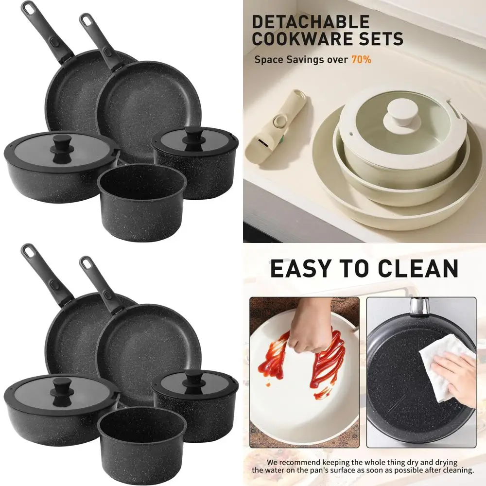 

9-Piece Ceramic Pots and Pans Set with Detachable Handles, Induction-Safe, Oven & Dishwasher Safe, Black for RV Kitchen