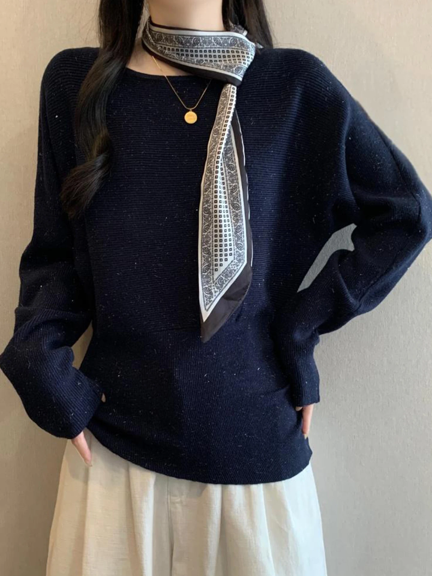 Korean Sle Batwing Sve Knitted Sweater Women's Autumn Winter plus Size Soft Cozy Belted Base Layer Top Casual Loose Fit