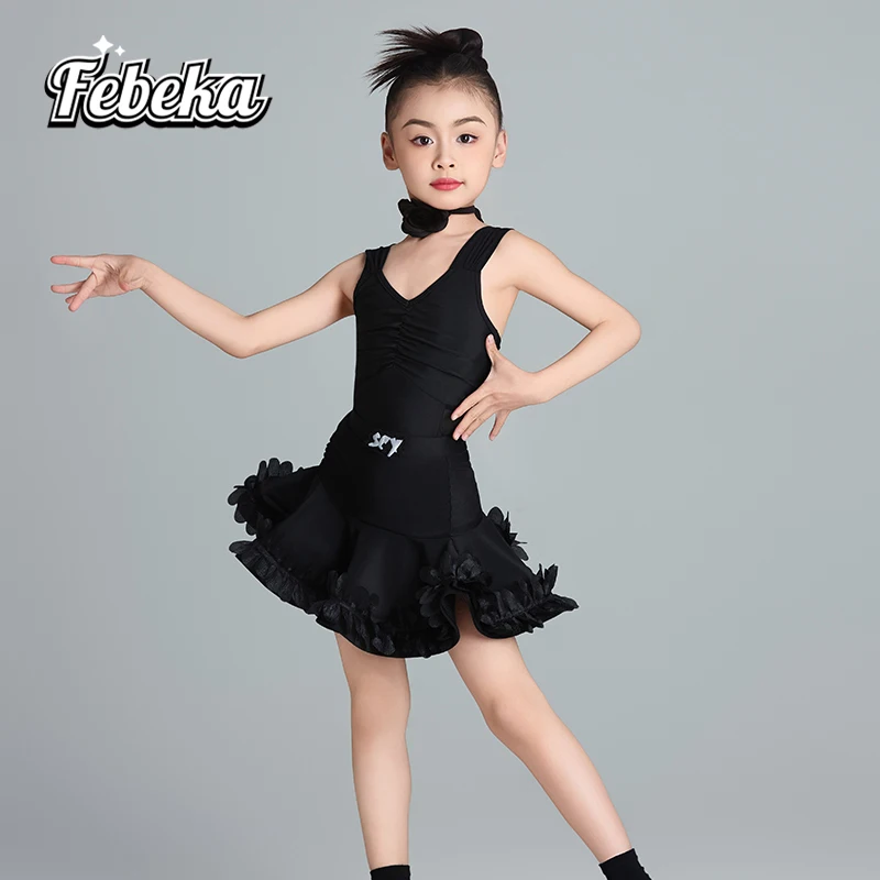 

Customized Latin Dance Skirt for Girls Boy Practice Dress Black Performance Wear Cowboy Samba Bullfighting Rumba Dance Dress