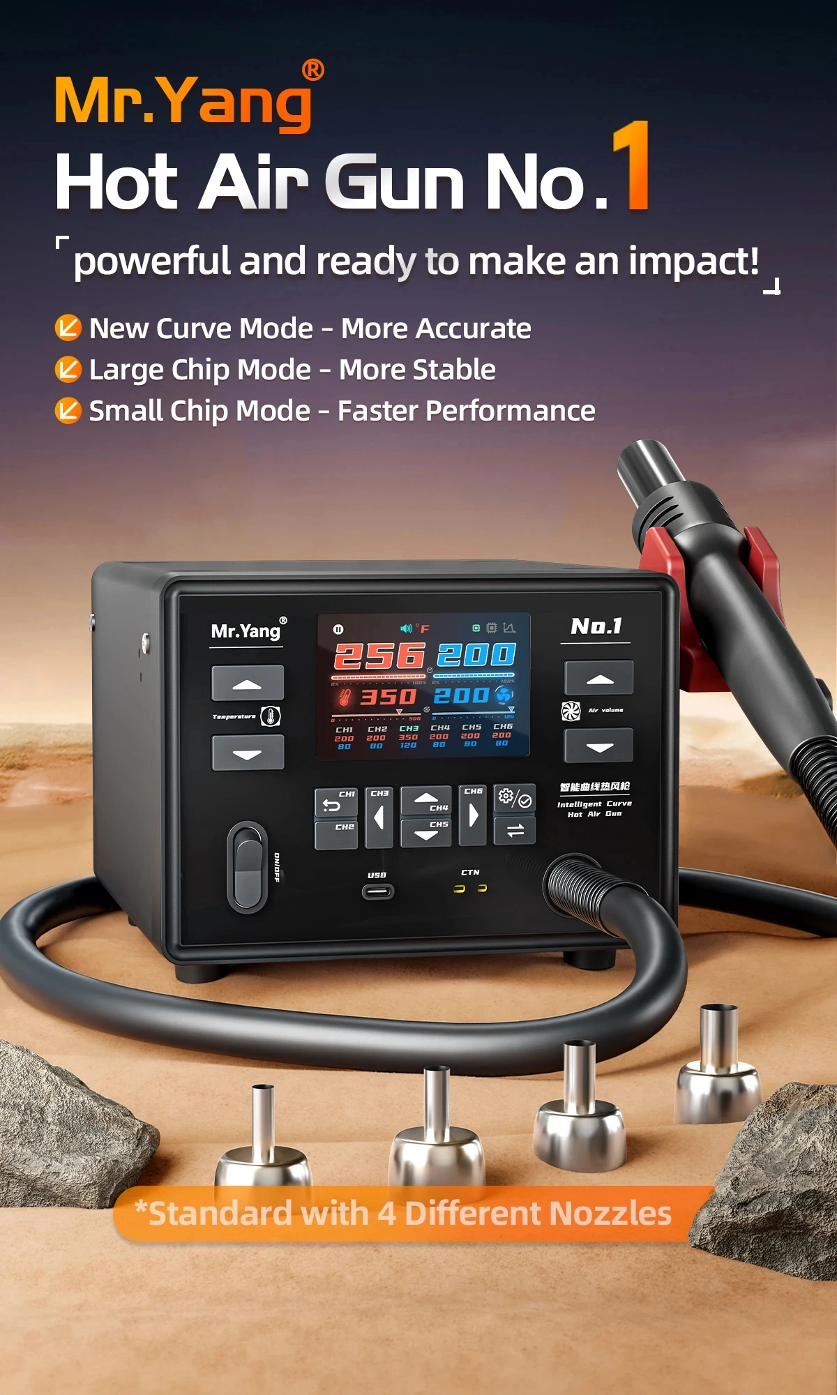 YCS Mr.Yang No.1 محطة مسدس هواء ساخن ذكية بقدرة 1400 وات، 18 إعدادًا مسبقًا مع 6 أوضاع منحنية، شاشة ملونة عالية الدقة، لحام BGA Rework SMD