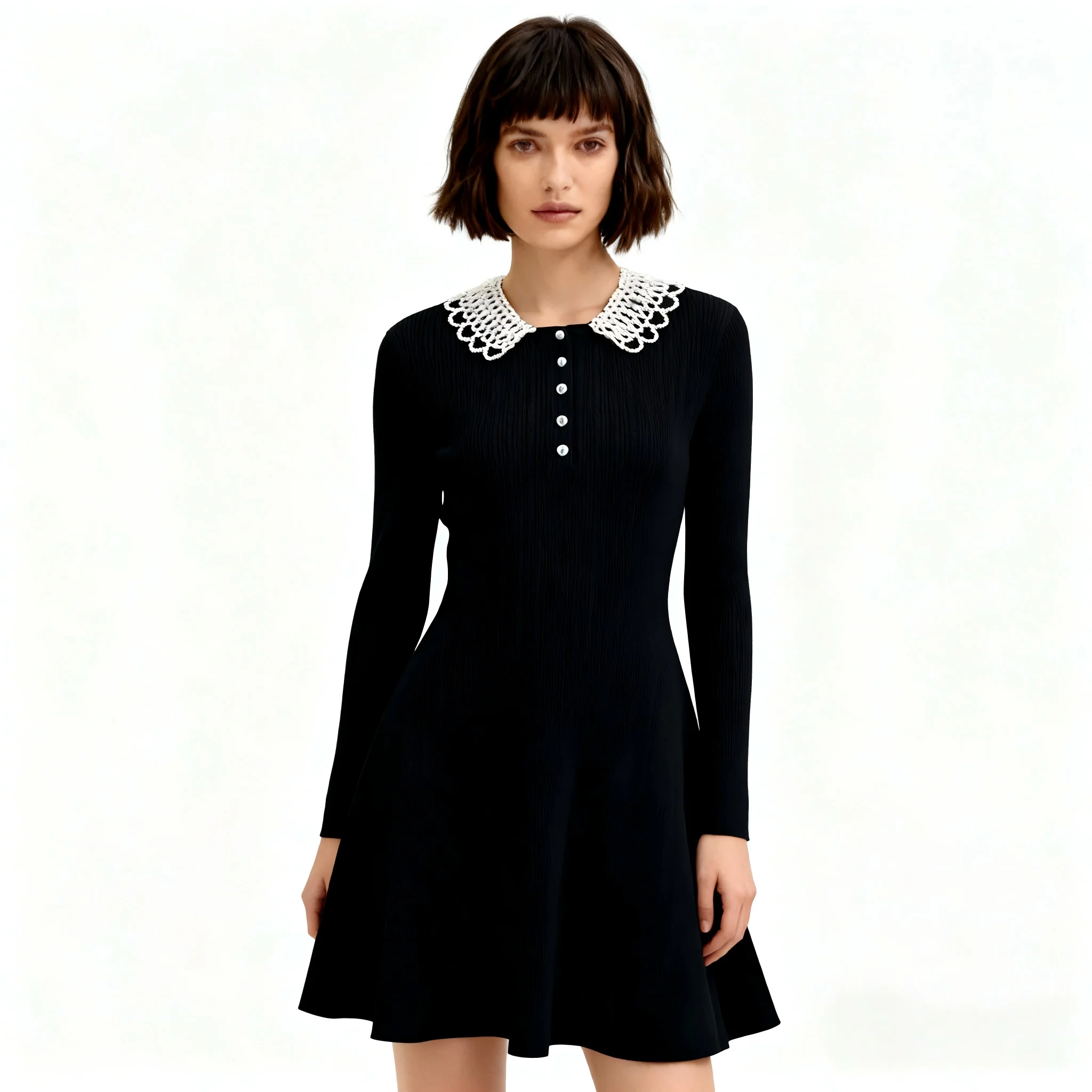 

【Gift Free】2025 Autumn Winter French Chic Sweet Pearl Detachable Contrast Peter Pan Collar Long-Sleeve Knit Dress Women