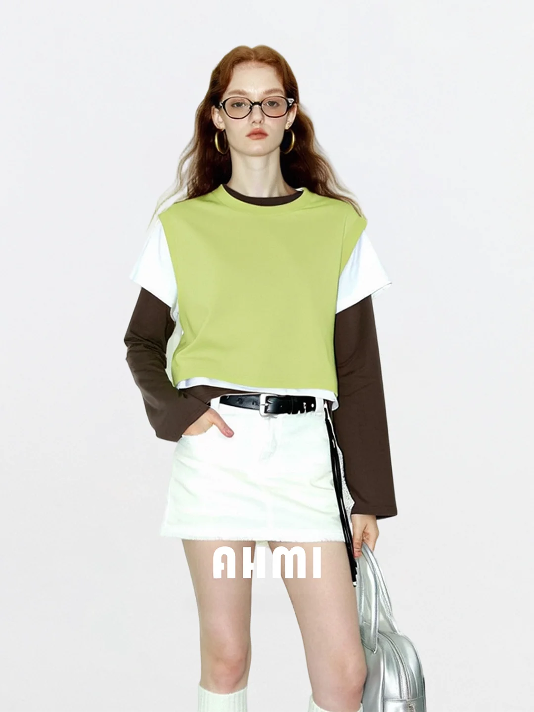 

AHMI Color Blo Design Casual T-irt Women's Spring Summer New Loose Faionable Top Youthful Pattern Breathable Long Sve