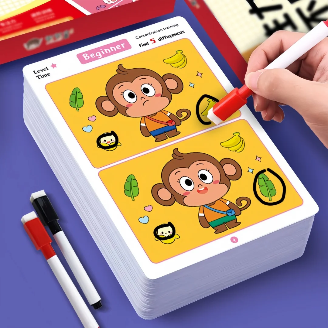 Find Differences Card Game Reusable Cartoon Educational Puzzle for Kids Three Difficulty Levels for Focus and Attention Training