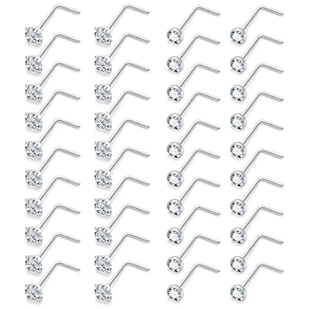 1/40pcs Set 20G Cubic Zircon Nose Rings Stainless Steel L Shaped Screw Nose Stud Nostril Shiny Piercing Jewelry 1.5/2/2.5/3mm