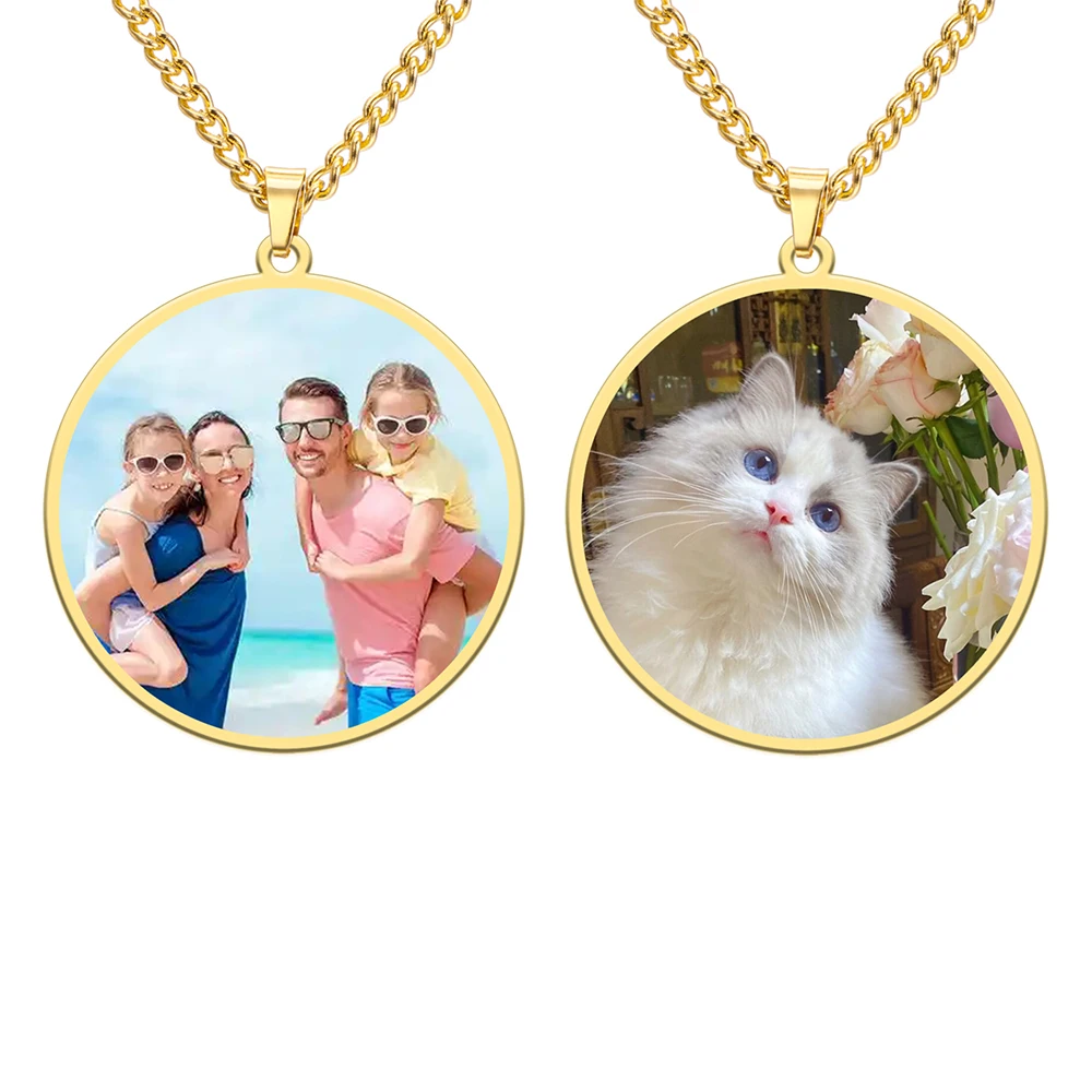 

Custom Photo Round Pendant Necklace Personalized Picture Text Name Chain Stainless Steel Jewelry Wife Husband Couple Family Gift