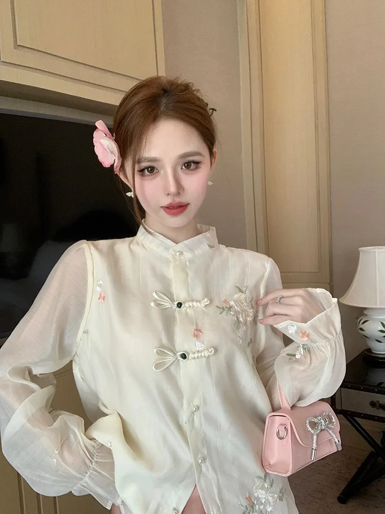 

Elegant Embroidered Chinese Style Shirt for Women Button Detailing High Waist Slim Fit Long Sleeve round Neck Fashionable Trendy