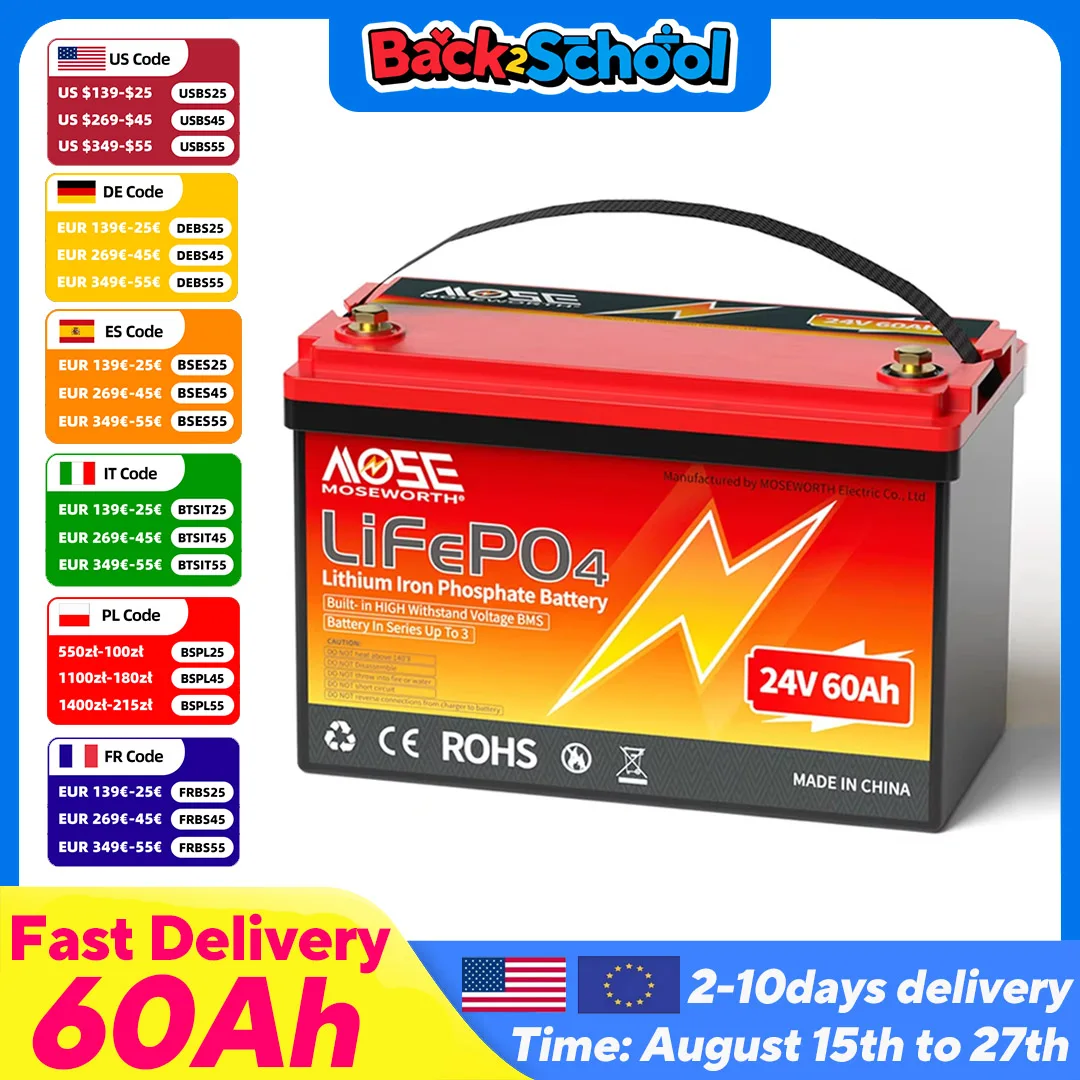 

MOSEWORTH 24V 60Ah LiFePO4 Battery Rechargeable Lithium Batteries with BMS 5000+ Deep Cycles for Marine RV Campers Solar Bateria