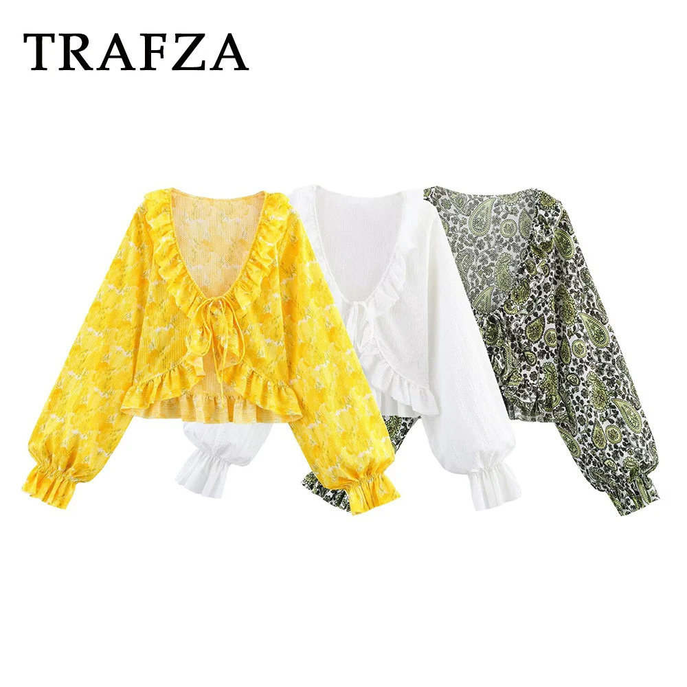 

TRAFZA Chic Yellow Summer Y2K Casual Woman Flax Shirt Streetwear Lace Blouse Fashion 2025 Vintage Shirring Holiday Mujer Tops