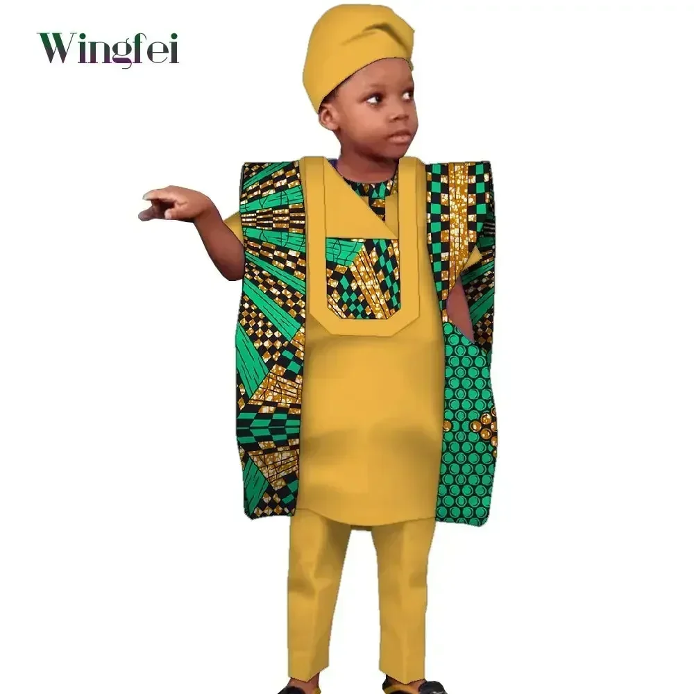 Children\'s Clothing African Agbada Robe Suit for Kids Patchwork Dashiki Boy Suit 4 Pcs Set Shirt Pant and Coat with Hat WYT619