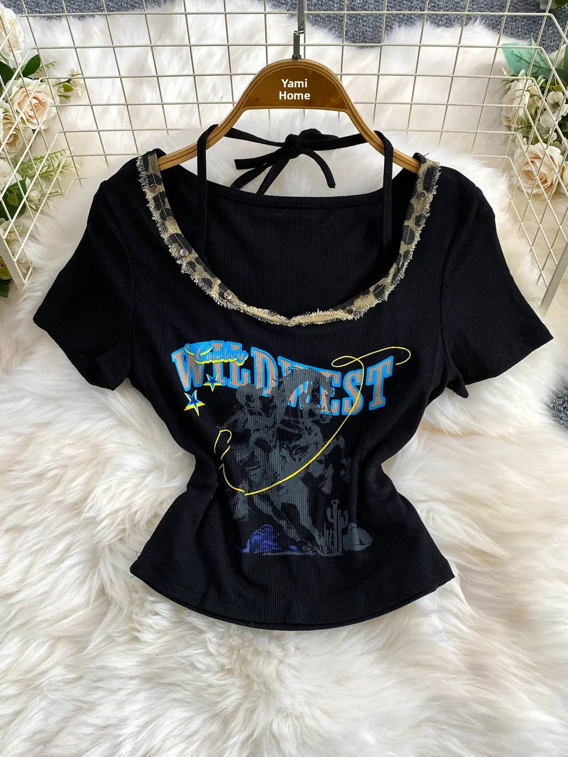 Millennial Feeling Spicy Girl Denim Patchwork round Neck Knitted T-Shirt Women Summer Design Print Hanging Neck Top