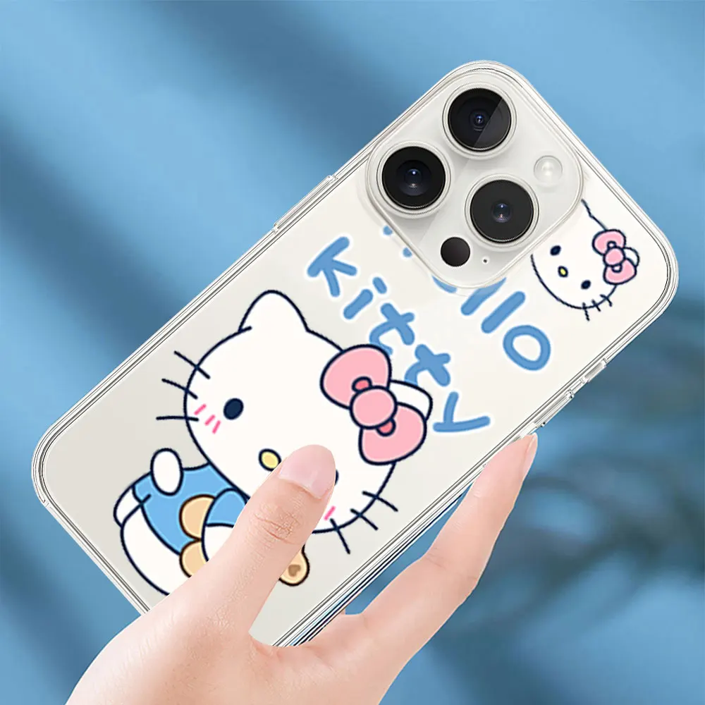 MINISO-caixa de telefone rosa Hello Kitty para iPhone, INS, transparente, Soft Shell, 11, 12, 13, 14, 15, 16 Max, Pro, Plus