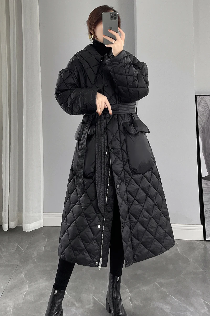 Women\'s Black Long Down Jacket 2024 Winter Korean Fashion Temperament White duck down Coat With belt Female Warm Parkas Overcoat