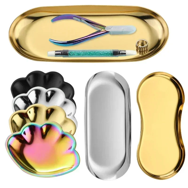 Stainless Steel Cosmetic Storage Tray Manicure Nail Art Plate Tweezers Clippers Pen Jewelry Container False Nails Dish Tools