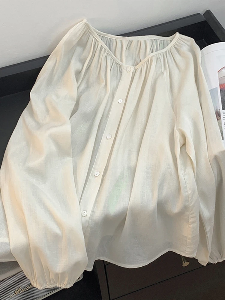 

Ретро-фонарь Sve Flax irt, женский летний тонкий свободный повседневный круглый льняной солнцезащитный топ для поездок на работу, чистый цвет