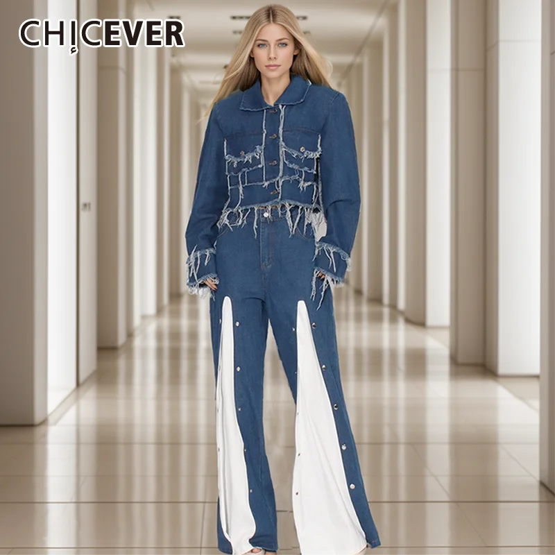 

CHICEVER Casual Denim Sets Women Lapel Flare Sleeve Spliced Tassel Short Coat High Waist Hit Color Loose Long Jeans Suit Female