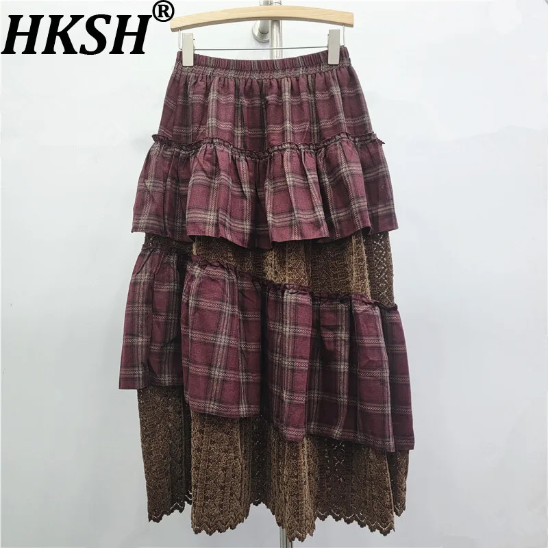 

HKSH Spring Autumn New Women Skirt French Irregular Color Block Plaid Patchwork Lace A-line Pleated Elegant Sweet Skirts HK16631