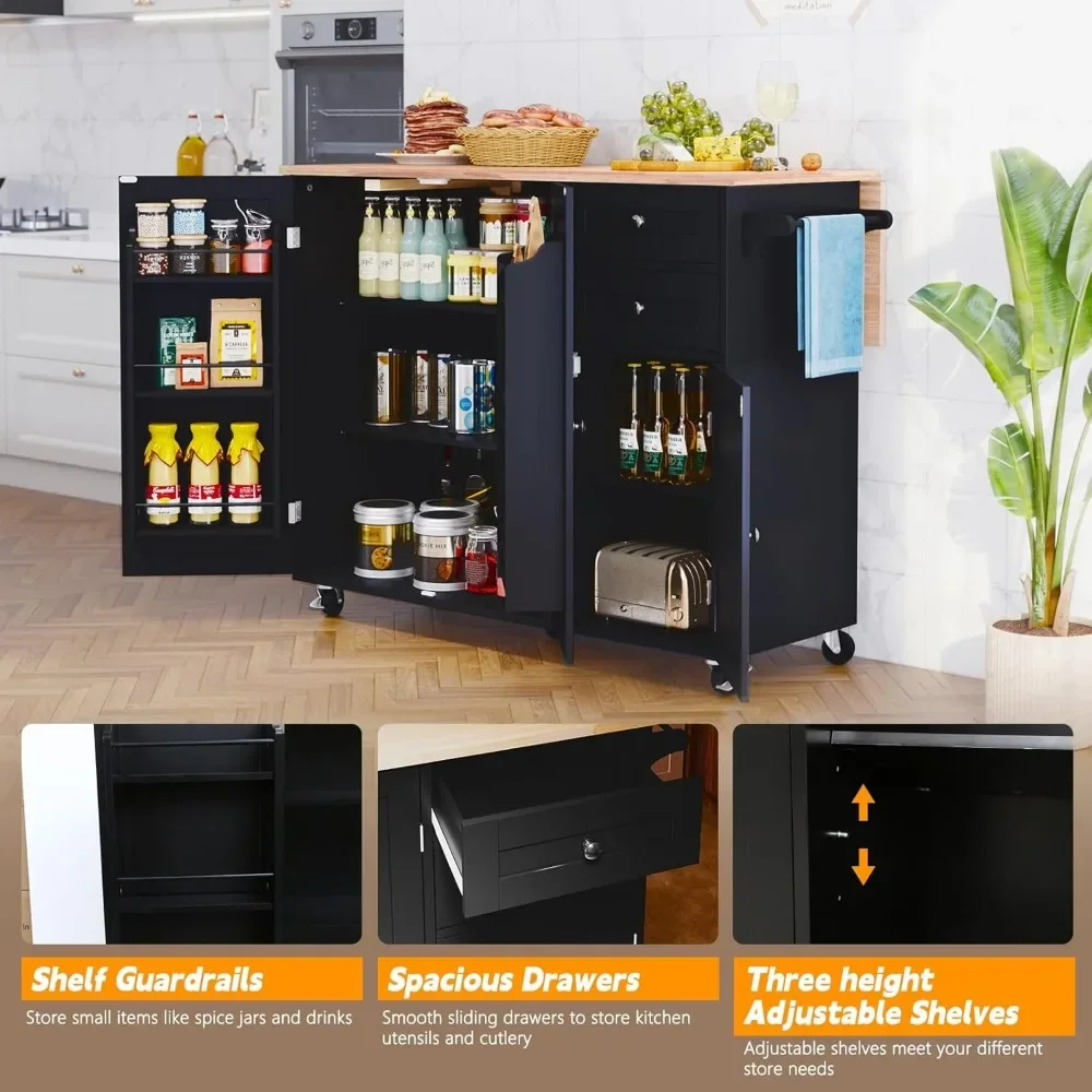 Kitchen Island with Storage, Rolling Kitchen Island on Wheels with Drop-Leaf Bar Countertop, Island Table for Kitchen