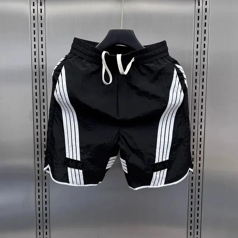 

Trendy Ice Silk Thin Stripe Patchwork orts Men's Summer Casual Four-Quarter Beach Sports Five-Quarter Pants Straight Leg