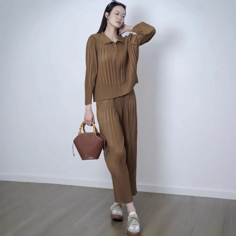 

Miyake Pleated 2026 Spring New Long-Sleeve Blouse Jacket Loose Stretch Fashion Casual Cropped Pants 2-Piece Set Women Clothing