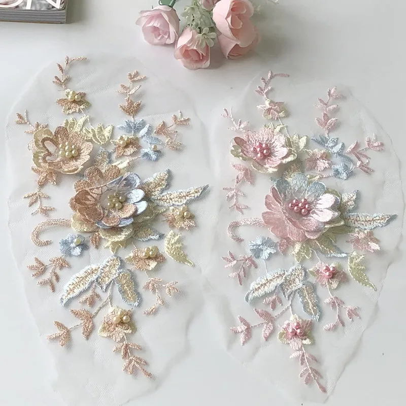 Flowers Appliques,3D Embroidered Patches,Sew-On,Lace Fabrics,DIY Handwork Decorative Accessories,Wedding Dress Curtain Gown