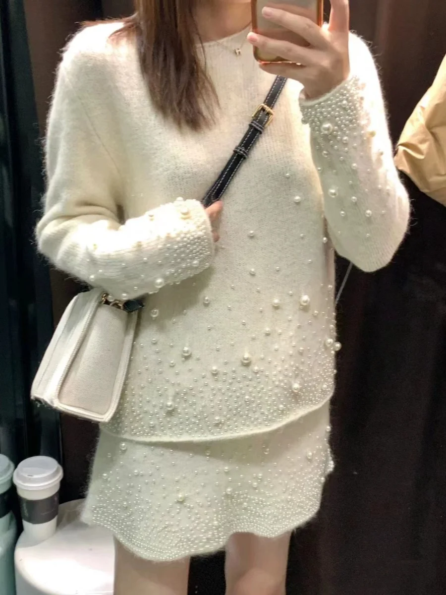 

Sweet Sle Knitted Sweater Women's New Arrival Spring 2025 Artificial Pearl Decorated High Quali Faux Fur Long Sve Top