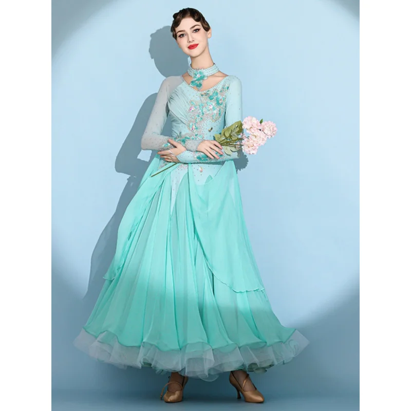 Padrão nacional dança moderna grande balanço vestido para valsa s7103 diamante cravejado desempenho traje