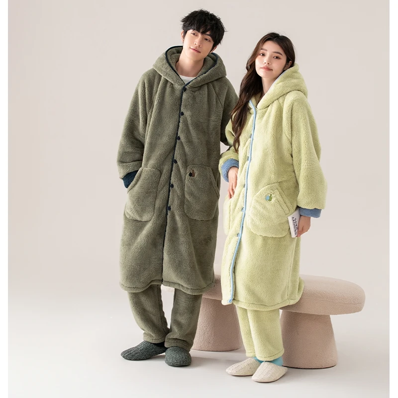 

Winter Robe+Pant Couple Hooded Coral Fleece Pajama Sets Thick Warm Sleepwear Female and Male Soft Coral Velvet Lovers Robe