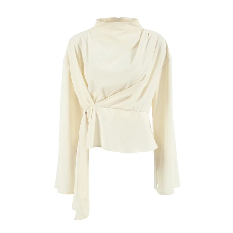 

Chiffon Shirt For Women Fashion Pleated Long Sleeve Round Neck Pullover Casual Office Lady Elegant Blouse Stylish Tops For Work