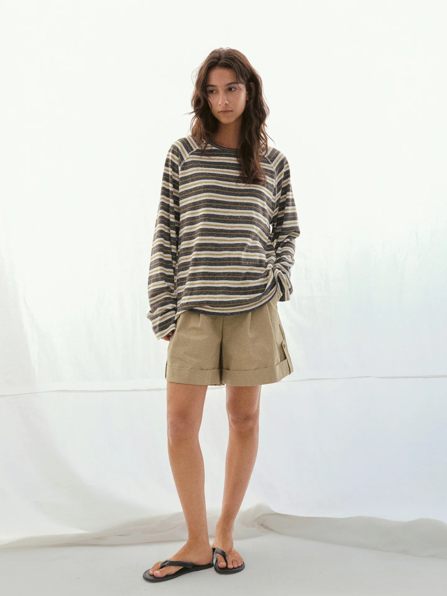 

Casual Loose Shoulder Sleeve T-Shirt Long Sleeve round Neck Overhead Striped Color Block Cotton Women's Comfortable Leisure Top