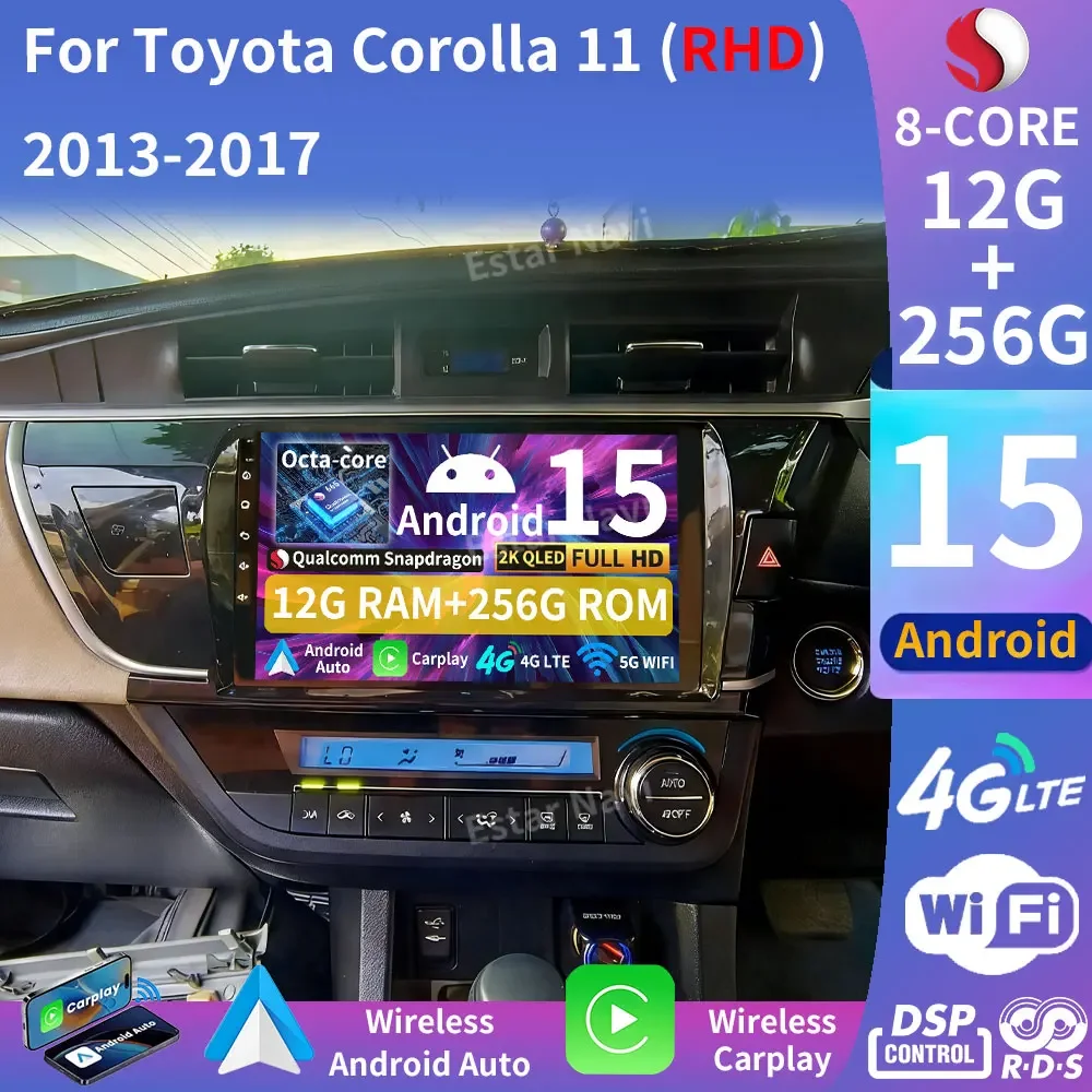 Android 15 Car Radio For Toyota Corolla 11 Middle East Edition 2013 - 2017 RHD Carplay Auto Multimedia Video Player 2Din Stereo