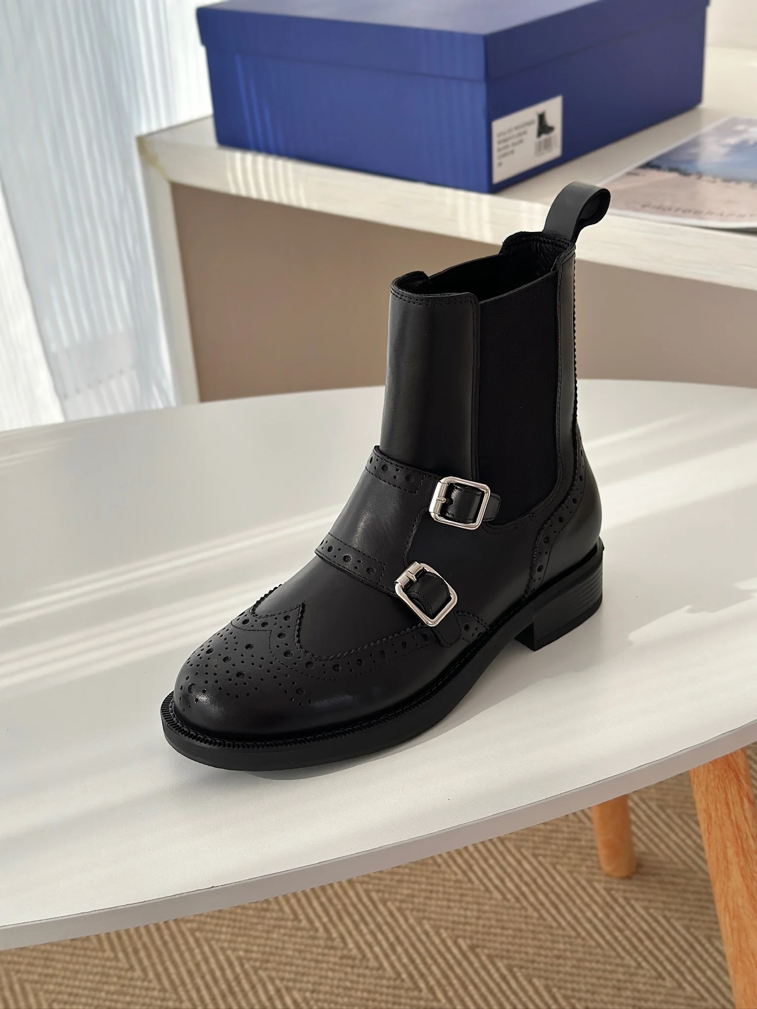 Picture 5: Women Brogue Chelsea Boots Black Genuine Leather Ankle Boots Elastic Side Panels
