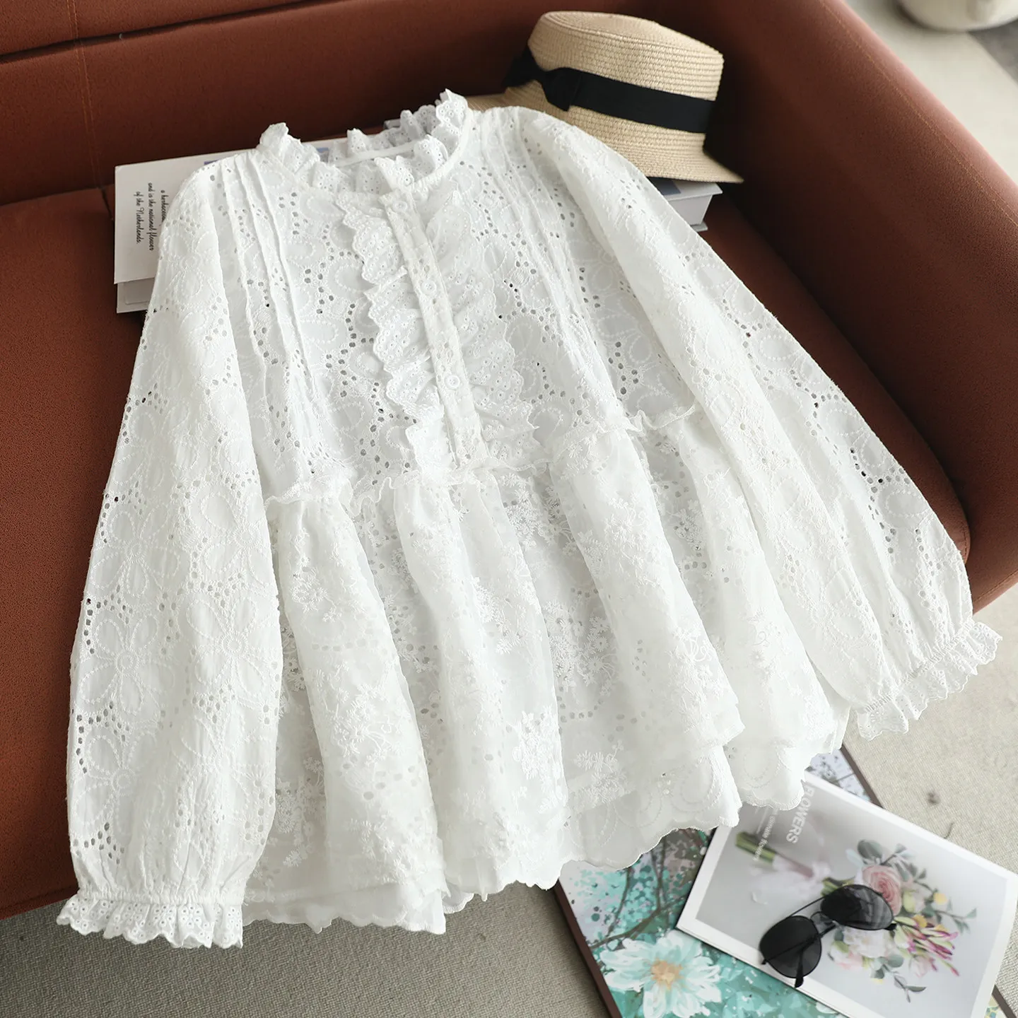 Japanese Sweet Mori Girl Lace Embroidery Patchwork Coton Shirts Women Spring New Stand Collar Long Sleeve Casual Loose Blouse