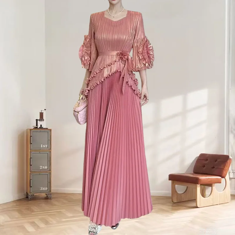 

Miyake Pleated Skirt Suit 2025 New Pleated Cross-border Plate Flower Tie Temperament Two-piece Loose Top Long Half Skirt Suit