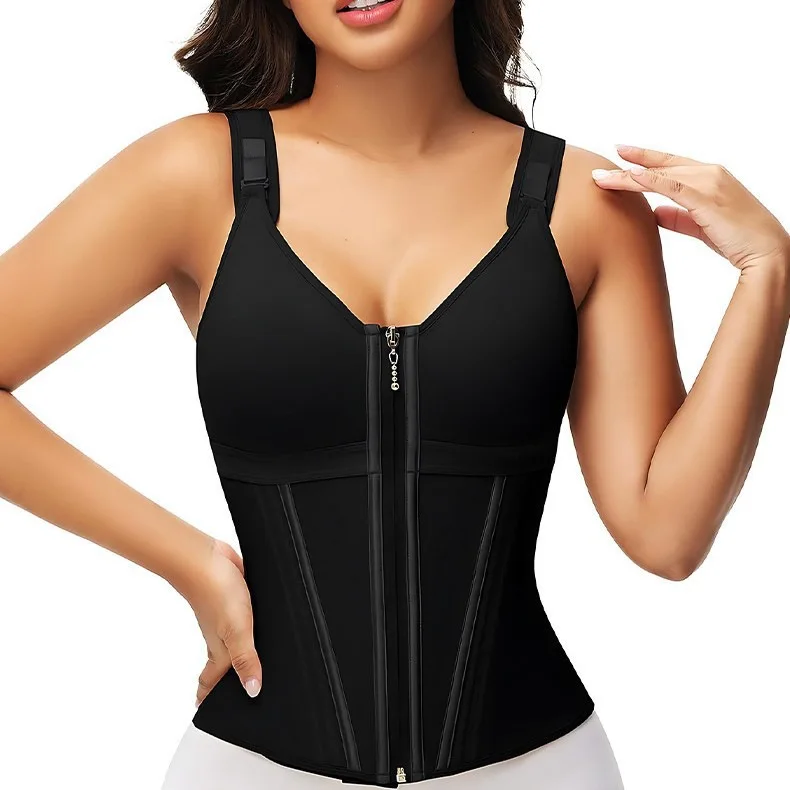 Faja moldeadora de cuerpo para mujer, Fajas colombianas, entrenador de cintura, Control de barriga, chaleco moldeador, 17 huesos de acero, ganchos de 3 filas, correa ajustable con cremallera
