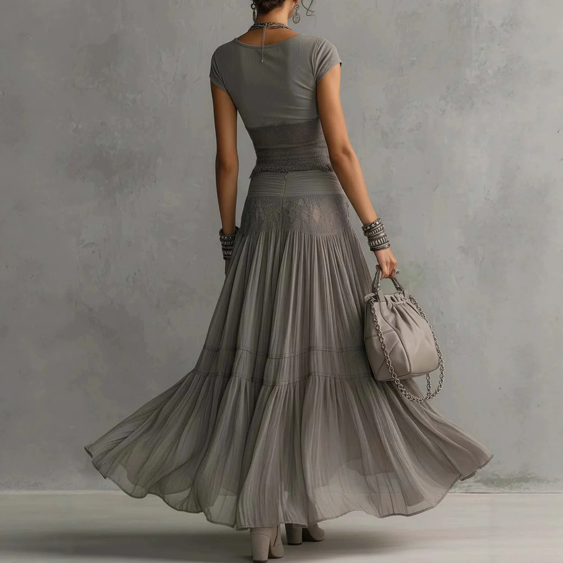 2026 New Model Gray Knit Top + Chiffon Long Dress Set – Women’s Fashionable, Flowing Two-Piece Set