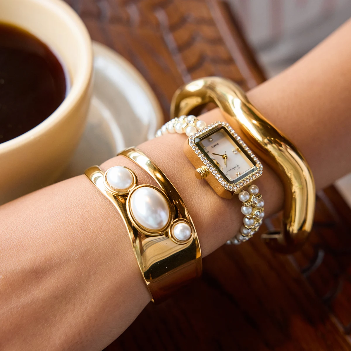 

AIKOER Fashion Pearl Rectangular Watch 18K Gold Color Plated Stainless Steel Hollow Wide Face Bracelet Stackable Women's Accesso