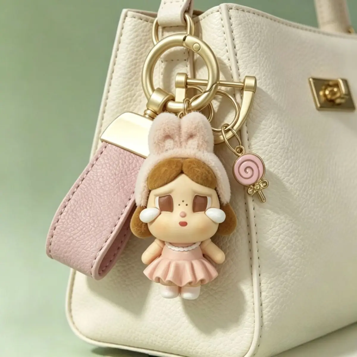 Creative Car Keychain Black Dress Crying Baby Doll Cute Grain Leather Gift Pendant Cartoon Style Alloy Material Hanging Decor...